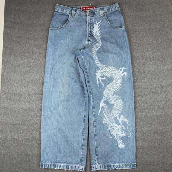 Vintage JNCO Dragon Jeans Men's 34x32 Blue Cloud Skater Wide Leg Baggy Y2K‎ - Picture 1 of 9